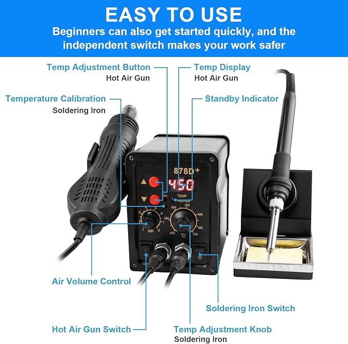 Beaiguna 2 in 1 Hot Air Rework Soldering Iron Station Kit, Precision Circuit Board Soldering Gun Kit, Rapid Heat up Solder Station, Upgrade Dual System Independent Control, Auto Sleep & Calibration