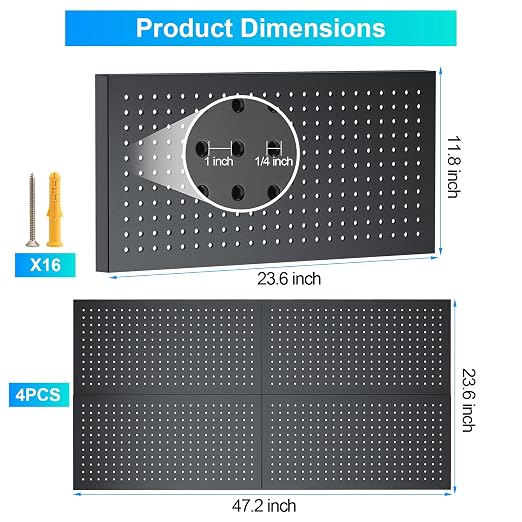 Metal Pegboard Panels 4 Pack, 24" x 12" | Heavy Duty Rust-Proof Wall Board Panels, Sturdy Steel Storage Pegboard for Garage, Workshop & Craft Room Organizer, Black