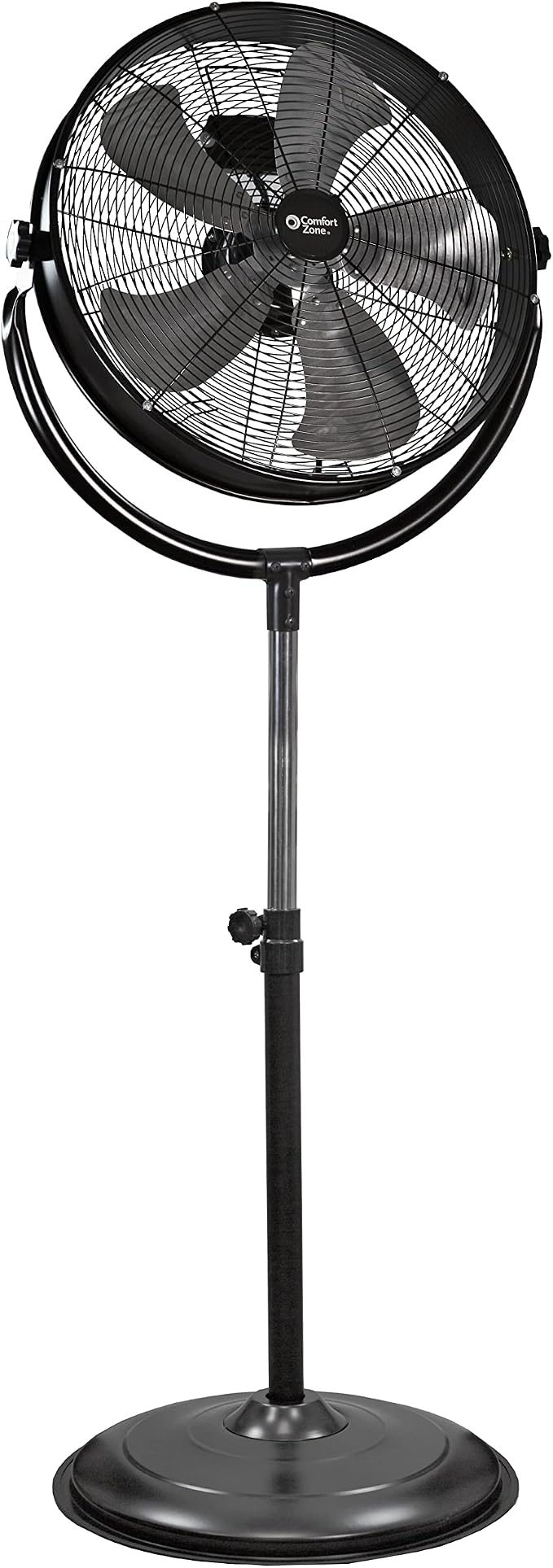 Comfort Zone 20-Inch High-Velocity Industrial Pedestal Fan – Heavy-Duty All-Metal Shop Fan with Aluminum Blades, 3-Speed Slim Profile Stand Fan, 180° Tilt & Adjustable Height for Garage or Warehouse