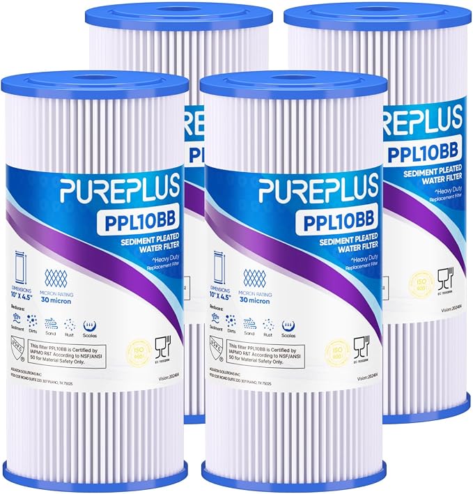 PUREPLUS 30 Micron 10" x 4.5" Whole House Pleated Sediment Filter for Well Water, Replacement Cartridge for GE FXHSC, Culligan R50-BBSA, Pentek R50-BB, DuPont WFHDC3001, W50PEHD, GXWH40L, 4Pack