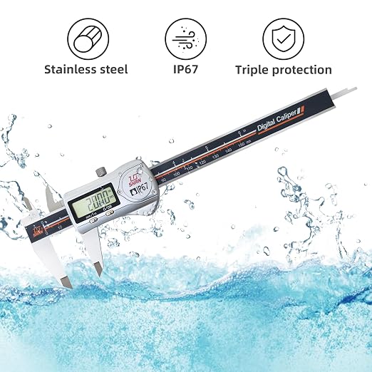 Digital Caliper, IP67 Caliper Coolant/Water/Dust Proof 0-6"/0.0005" Stainless Steel Micrometer, Precise ±0.001mm, Large LCD Display, Inch/MM Conversion, Digital Caliper Storage Case Included