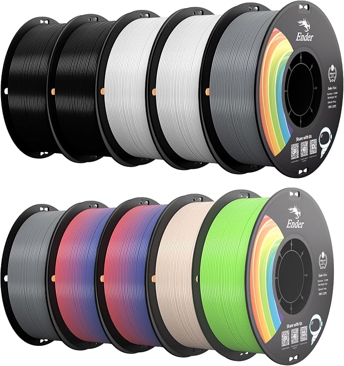 Creality PLA+ Filament 1.75mm 10KG, 3D Printer Filament 10 Pack 1kg Spool,Multi-Color 3D Printing Filament for Most FDM Printers(Black White Grey Rainbow Beige & Apple Green)
