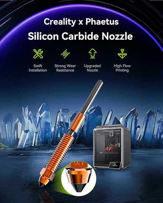 Creality Official K1C/K1 SE Phaetus Silicon Carbide Nozzle, 0.4mm Quick-Swap 3D Printer Nozzle Specially for Carbon Fiber, Wood, Glass Fiber Filament for Ender 3 V3, Ender 3 V3 Plus, K1, K1 Max