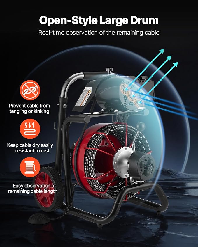 VEVOR Drain Cleaner Machine 100FT x 3/8 Inch, Auto Feed Sewer Snake Auger on Wheels, 370W Portable Drain Cleaning Machine with 8 Cutters & Air-activated Foot Switch for 2" to 4" Pipes