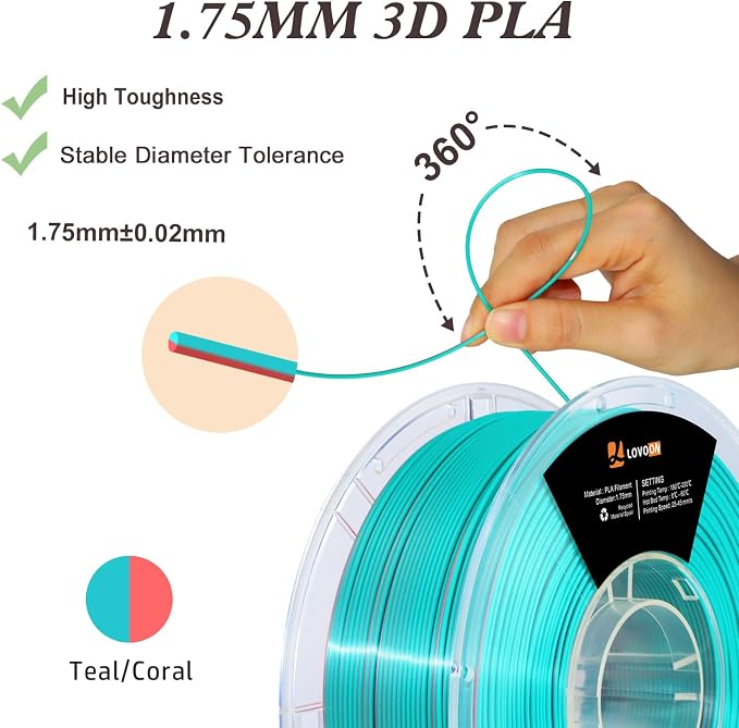 LOVOON 3D Printing Filament PLA, Silk Multicolor PLA Filament 1.75mm,DualColor Change by Angle Filament,Fit Most 3D Printer& 3D Pen,Silk Teal/Coral(Blue/Pink), 1KG(2.2lbs)/Spool