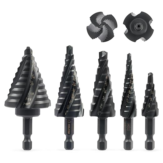 Step Drill Bit Set, 5PCS Four Spiral Flute Step Bits for Metal, 50 Sizes Titanium-Coated HSS Drill Bits with 1/4" Hex Shank for Stainless Steel Aluminum Wood Plastic