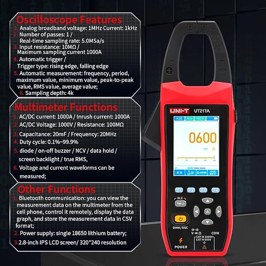 UNI-T UT217A Oscilloscope clamp multimeter,1000VAC/DC Voltage Tester,5MS/s Sampling Rate,1MHz Bandwidth,20000 Counts TRMS current clamp, Resistance,Capacitance,Continuity Test,NCV,Diode Test, MF meter