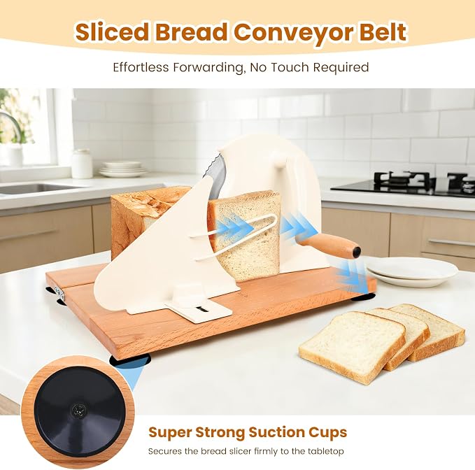 Heavy-Duty Bread Slicer Hand Crank with Foldable 14.6" Beech Base | Industrial 45# Steel & 601 Blade Cuts Tall Sourdough & Long Baguette | Metal Guide & Adjustable Thickness,Scale Line and Suction Cup