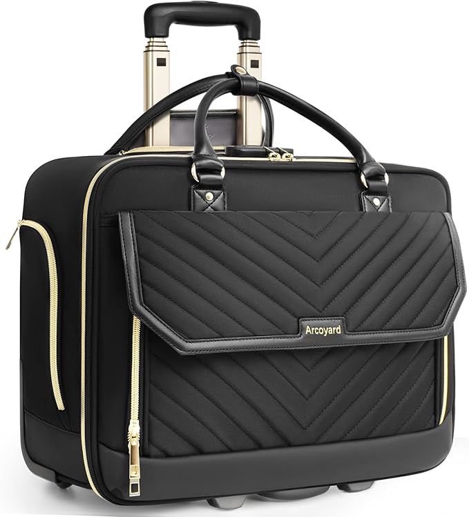 Arcoyard Rolling Laptop Bag Women, Rolling Briefcase for Women for Work, 17 Inch Computer Bag with Wheels, Fashion Flap Laptop Bag With Wheels for Work Business, TSA Friendly Design, Black