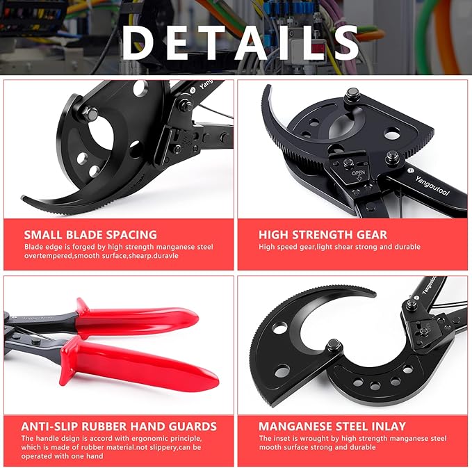 Yangoutool Ratcheting Cable Cutters up to 400mm² /Φ22.5mm/Φ0.89 inches Heavy Duty Aluminum Copper Ratchet Wire Cutter for Cutting Electrical Wire