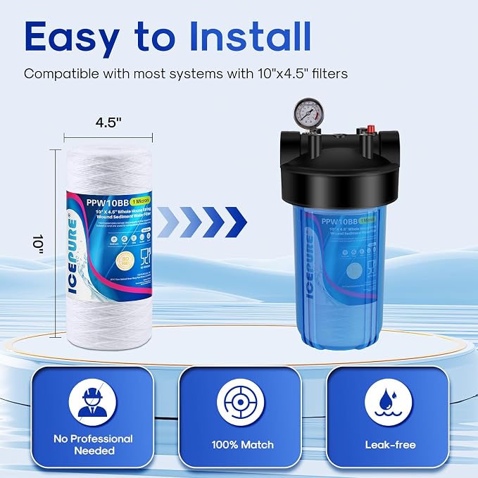 ICEPURE 1 Micron 10”*4.5'' Whole House Sediment String Wound Water Filter Replacement filter for 84637, WPX5BB97P, PC10, 355214-45, 355215-45, WP10BB97P, WP5BB97P, 2 PACK