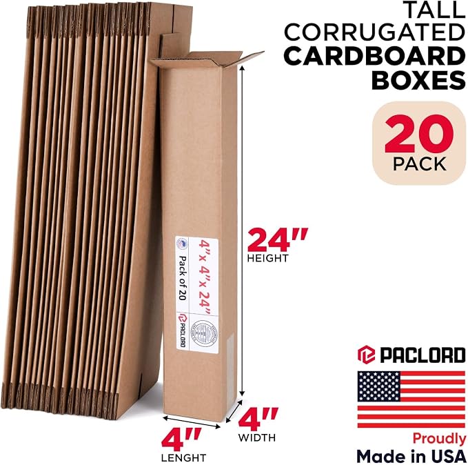 Tall Cardboard Boxes 4"L x 4"W x 24"H (Pack of 20) - USA-Made Packing Boxes for Moving, Shipping, or Storage - USPS, UPS, FedEx Approved - Professional Packing Supplies for Moving | USA-Made Packing Boxes for Moving, Shipping, or Storage - USPS, UPS, F...