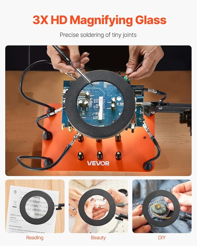 VEVOR Magnetic Helping Hands Soldering Station, 2-In-1 Third Hand Soldering Tool - 3X LED Magnifying Lamp & 5 Flexible Arms, 6 PCB Holders, Heavy-Duty Base Station for Electronic Repair Craft Hobby