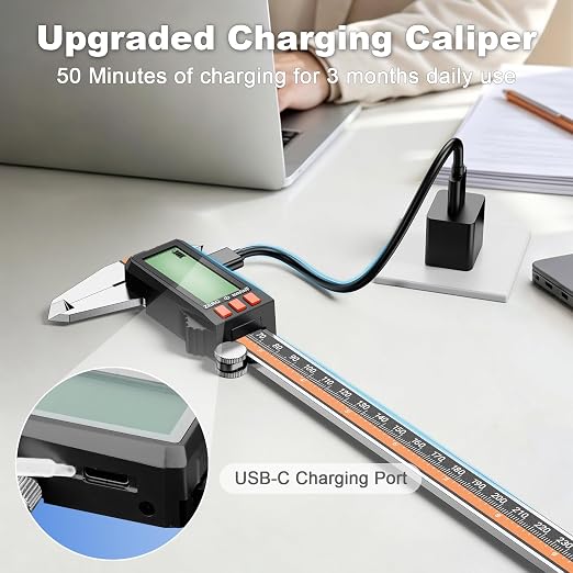 Preciva Digital Caliper 12", Rechargeable Stainless Steel Micrometer | Type-C charging, durable steel body, large LCD with auto-off saves power, in/mm/frac, for 3D-printing machining woodworking