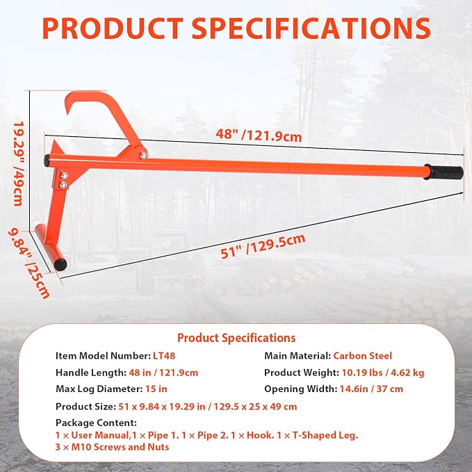 51" Long Handle Log Lifter, Adjustable Heavy Duty Log Roller, Cant Hook with Rubber Grip, Logging Tool for Rolling and Raising Log (Orange)