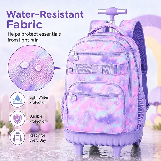 3Pcs Rolling Backpack for Girls Women, Travel Roller Backpacks with Wheels for Adults, Teens College Tie-Dye Wheeled Bookbag with Lunch Box(Purple)
