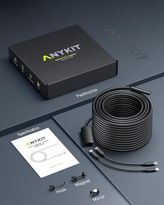 Anykit Endoscope Camera with Light, 1920P HD Borescope with 8 Adjustable LED Lights, Semi-Rigid Snake Camera with Light, IP67 Waterproof Inspection Cam for iPhone & Android, 50 ft Single Lens