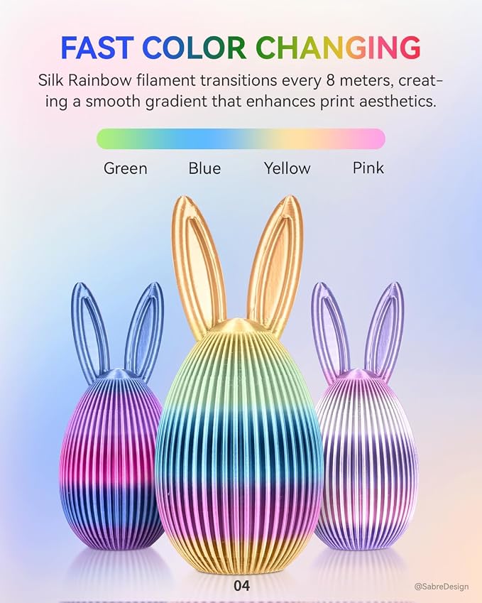 JAYO Silk Rainbow PLA+ Filament 1.75mm 1.1kg, Multicolor Gradient Shiny PLA, Color Changes Every 8 Meters in Pink-Yellow-Blue-Green, High Gloss Smooth Finish, Fits for Most FDM 3D Printers