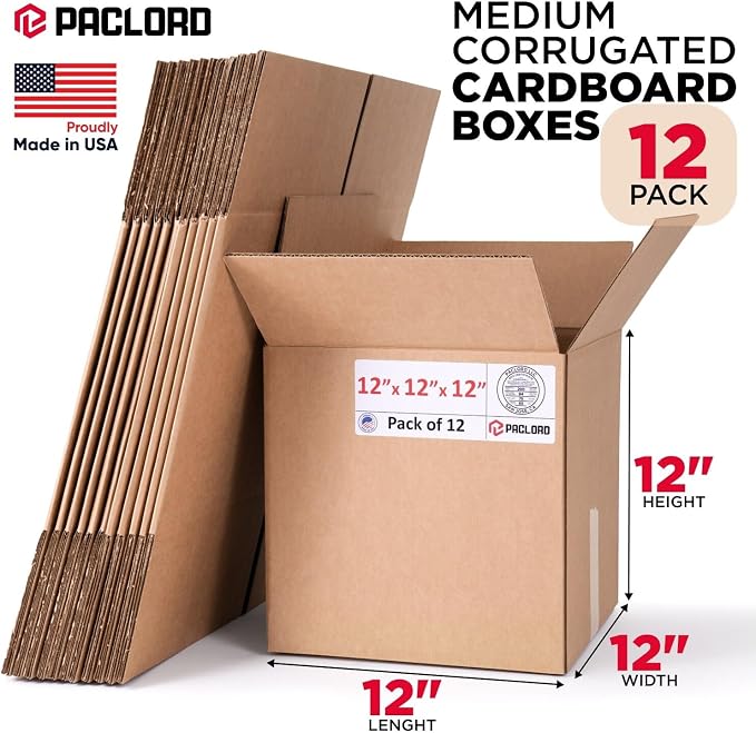 Medium Cardboard Boxes 12"L x 12"W x 12"H (Pack of 12) - USA-Made Packing Boxes for Moving, Shipping, or Storage - USPS, UPS, FedEx Approved - Professional Packing Supplies for Moving | USA-Made Packing Boxes for Moving, Shipping, or Storage - USPS, UP...