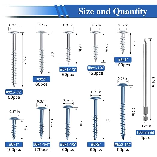 smseace 840Pcs Pocket Hole Screws Assortment Kit #8 x 1, 1-1/4", 1-1/2", 2", 2-1/2" Blue Coated and Zinc Coated Square Drive Pocket Screws with 150mm Drive Bit Wood Screw Set