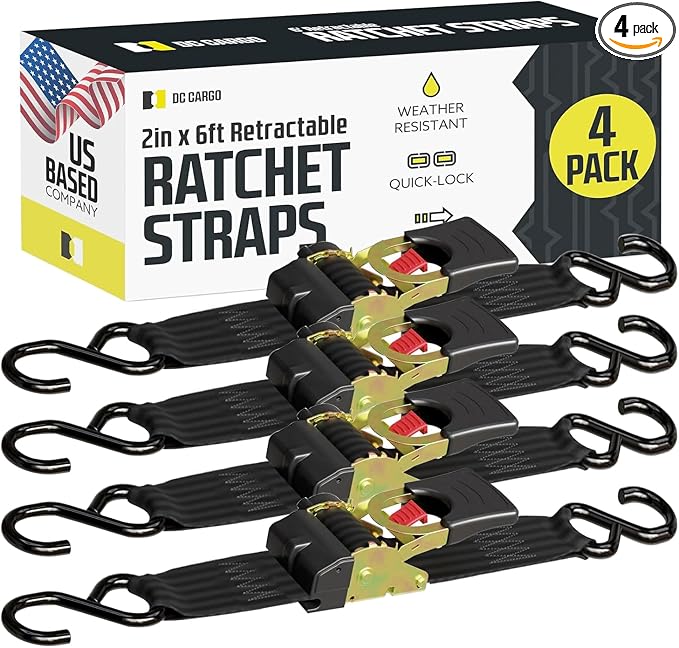 DC Cargo Mall Auto Retractable Ratchet Straps (4-Pack) 2” x 6ft, Heavy Duty, 4,033lb Break Strength – Tie Down Straps for Cargo, Truck, Trailer, Boats