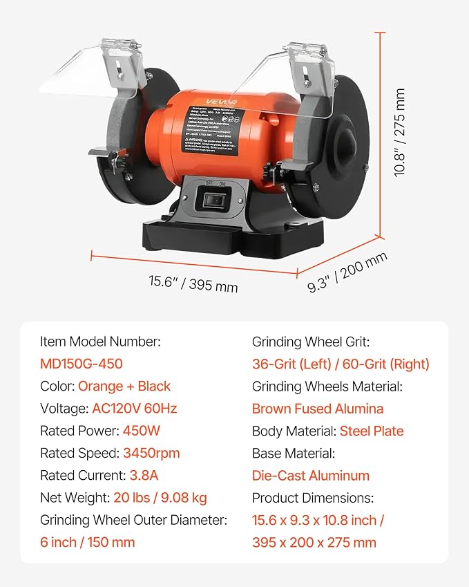 VEVOR Bench Grinder, 6-in Single Speed, 3450RPM High-Speed Table Grinders with 450W 3.8A 3/5Hp Induction Motor, 36/60-Grit Grinding Wheel & Adjustable Eye Shield for Fast Sharpening Grinding
