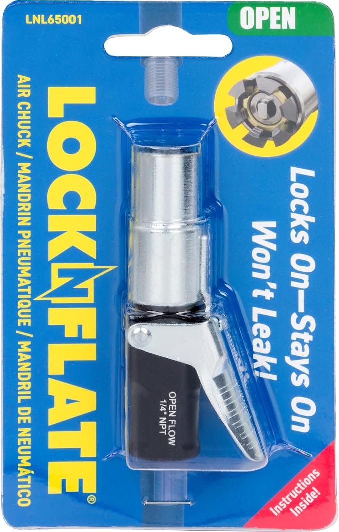 LockNFlate Locking Air Chuck - Six Steel Jaws Lock onto Any tire Valve - Won't Leak or pop Off - Rated to 150 PSI - Open Flow