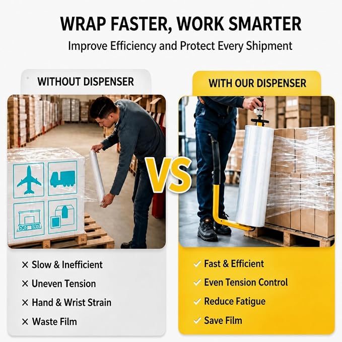 Stretch Film Dispenser Heavy Duty Industrial Stretch Wrap Handle Adjustable 14-20 Inch Pallet Wrap Dispenser Compatible with 2" & 3" Core Rolls Warehouse Packaging Tool for Shipping Moving(2 Pack)