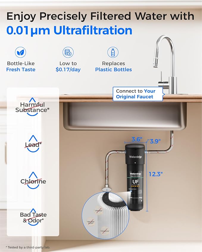 Waterdrop 10UA-UF 0.01 μm Ultra Filtration Under Sink Water Filter System and Waterdrop RF10-UF 0.01 Micron Replacement Filter Cartridge for 10UA/10UA-UF/10UB/10UB-UF