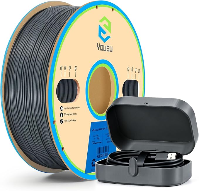 YOUSU Polypropylene PP Filament, 1.75mm 3D Printer Filament for FDM 3D Printers, 1kg (2.2lbs) 5 Pcs Build Sheet Included, Semi-Flexible Ultra Tough Filament, Grey