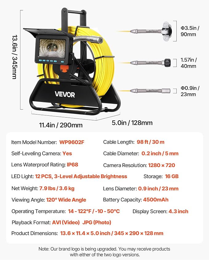 VEVOR Sewer Camera, 98 ft/30m, Self-Leveling Drain Inspection Camera with 4.3" 1080P HD Screen, IP68 Waterproof Snake Plumbing Camera with Lights - 12 LEDs & 16GB Card for Sewer Line Duct Pipe