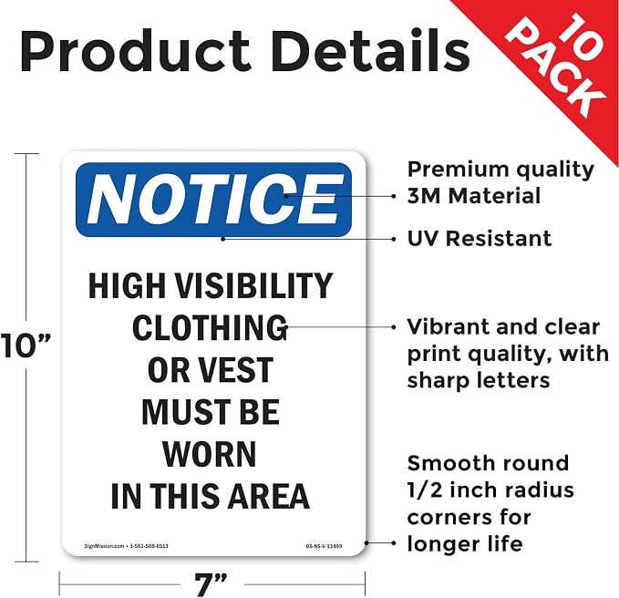High Visibility Clothing Or Vest OSHA Notice Vinyl Decal Label 10 Inch x 7 Inch - 10 Pack