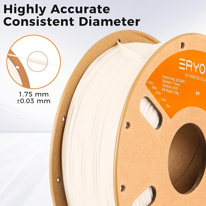 ERYONE Polypropylene Filament 1.75mm +/-0.03mm, Semi-Flexible & Ultra Tough, Chemical-Resistant,PP 3D Printing Filament, 900g/Spool, White
