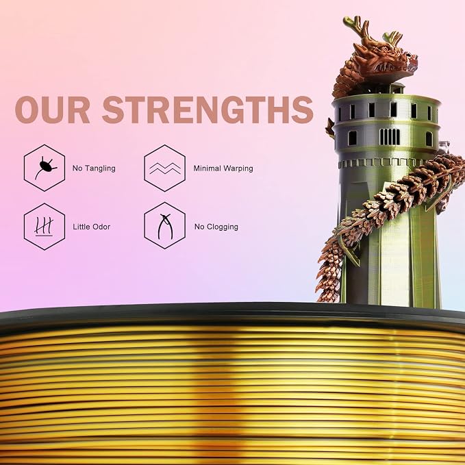 ERYONE Silk Tri Color PLA Filament 3D Printer 1.75mm +/- 0.03mm, Multicolor Filament Tricolor PLA 1KG(2.2lbs) Cardboard Spool, Gold Silver Copper