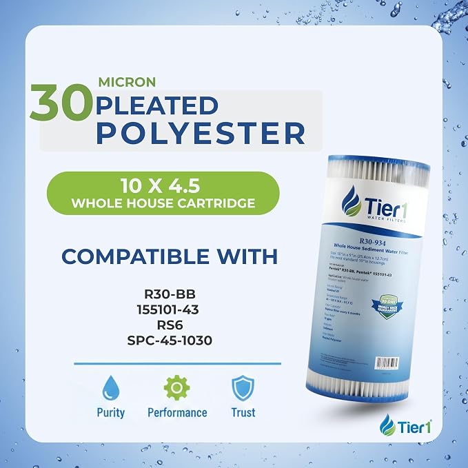 Tier1 30 Micron 10 Inch x 4.5 Inch | 3-Pack Pleated Polyester Whole House Sediment Water Filter Replacement Cartridge | Compatible with Pentek R30-BB, 155101-43, RS6, SPC-45-1030, Home Water Filter