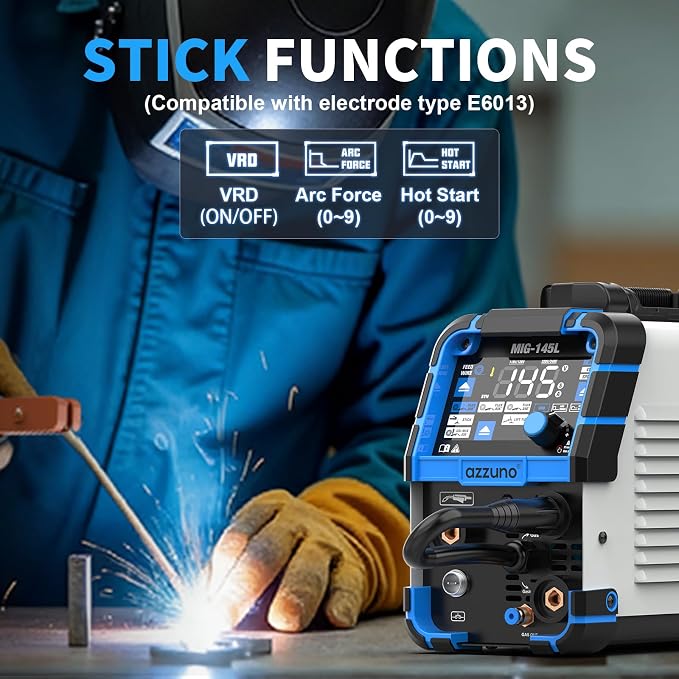 AZZUNO 4 in 1 MIG Welder 110V/220V, 145Amp MIG Welding Machine with Gas/Gasless Flux Core MIG/Lift TIG/Stick Welding, Wire Feed Welder with Synergic Control