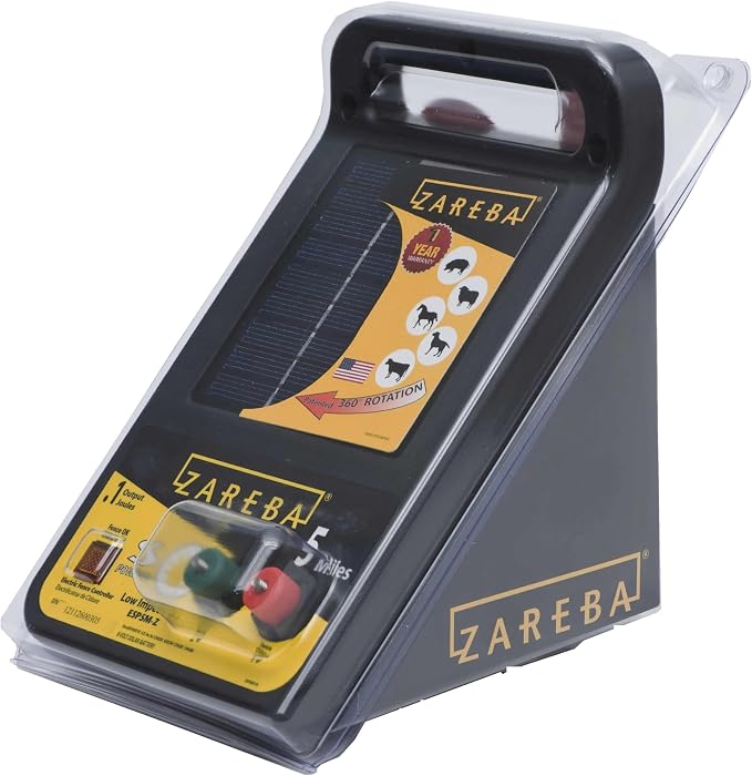 Zareba Solar Electric Fence Charger - 5 Mile Range Low Impedance Energizer with T-Post Mounting Bracket and 360-Degree Rotation, Rotational Grazing Fence Charger for Livestock & Cattle, ESP5M-Z
