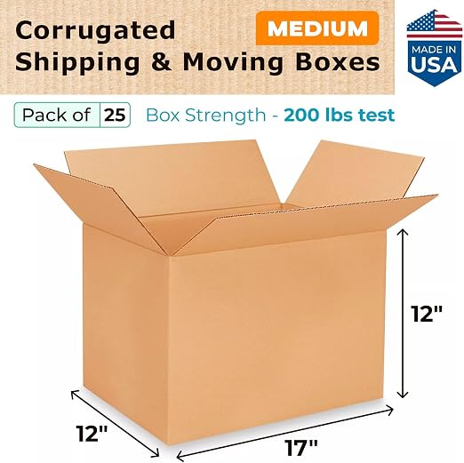 Medium Shipping & Moving Boxes 17"L x 12"W x 12"H (25-Pack) - Extra Strength 200 lb vs Regular - USA-Made Corrugated Cardboard Box - Medium Moving Box - Packing Box by IDL Packaging