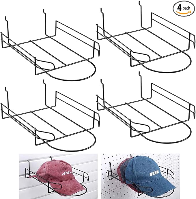 Kigley 4 Pcs Wire Hat Display Racks for Slatwall Black Metal Baseball Hat Racks Multifunctional Retail Shelves Pegboard Display for Home Retail Boutique Store Organizer