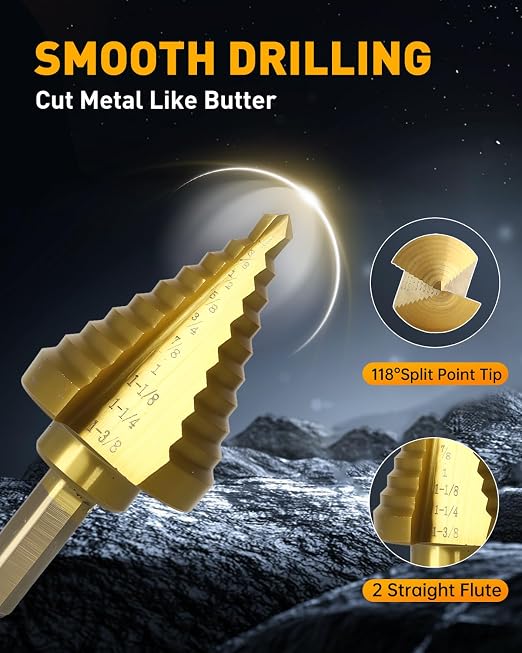 COMOWARE 10-Size Step Drill Bit for Metal, 1/4” to 1-3/8" Titanium HSS Unibit. Double Flute Design for Precise Holes in Steel, Aluminum, Plastic & Wood. Tri-Flatted Shank for Secure Grip in Drills.