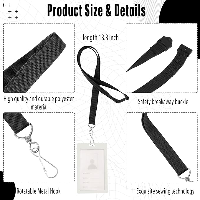 Patelai 120 Pcs Breakaway Lanyards with J Hook Bulk Flat for ID Badges Neck Badge Lanyards Card Nametag Holder Neck Straps (Black)