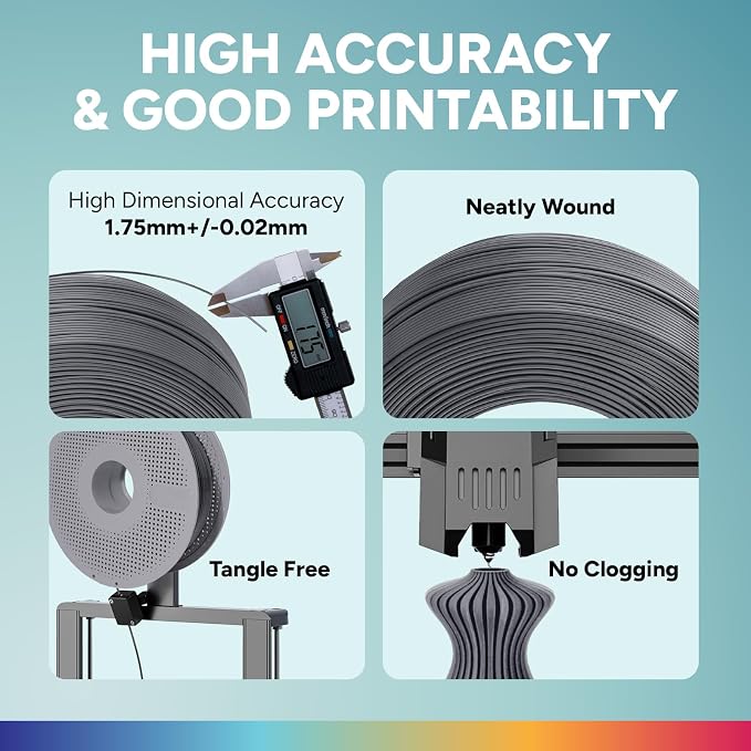 OVERTURE 2KG Bundle High Speed PLA Filament Refill 1.75mm 3D Printer Filament, 2 Pack 1kg (2.2lb) Refilament for Bambu Lab Reusable Spool, Fit Most FDM 3D Printers (Space Grey*2)