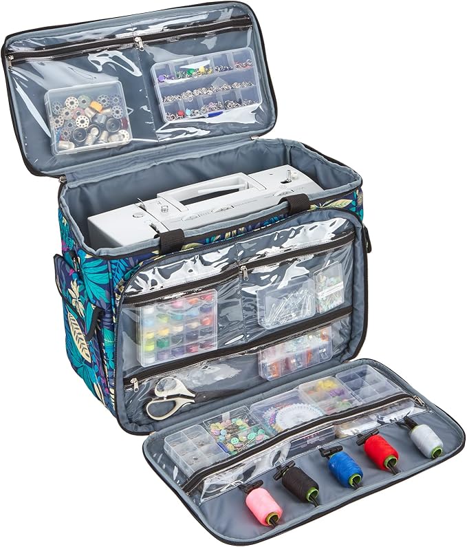 HOMEST Sewing Machine Carry Case, with Shoulder Strap and Front Pocket | Fits most standard Singer, Brother and Janome machines, with storage pockets for sewing accessories and tools, Floral