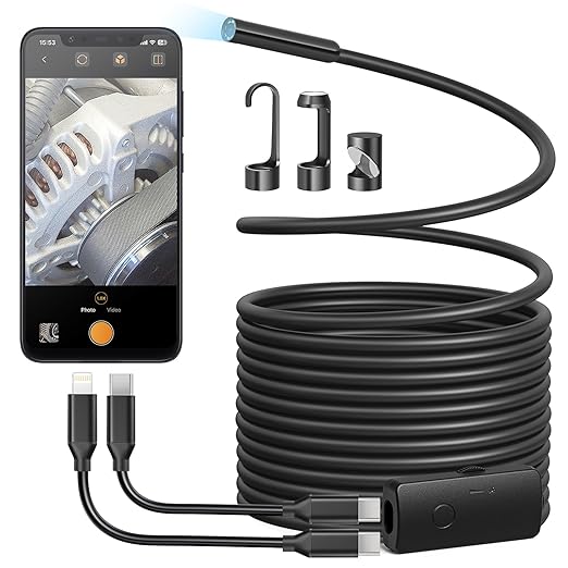 Anykit Endoscope Camera with Light, 1920P HD Borescope with 8 Adjustable LED Lights, Semi-Rigid Snake Camera with Light, IP67 Waterproof Inspection Cam for iPhone & Android, 16.5 ft Single Lens