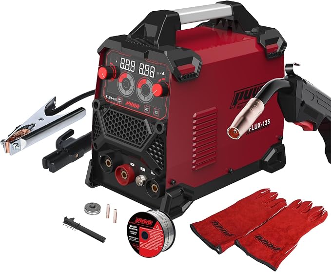 135Amp 110V MIG Welder,Flux Core MIG/Lift TIG/Stick 3-in-1 Multiprocess Welder,IGBT Inverter Large LED Digital Display Welding Machine(RED)