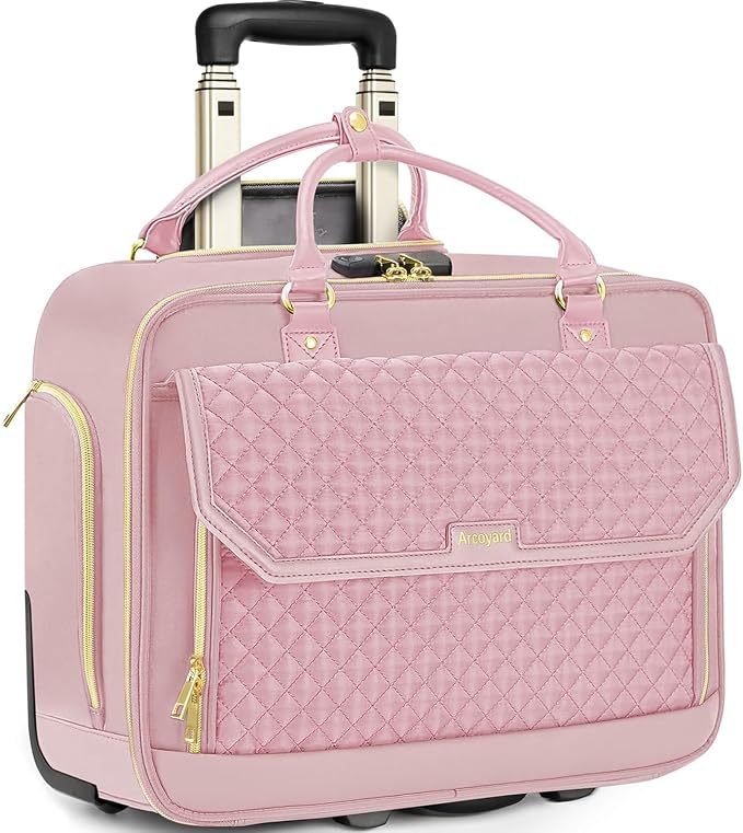Rolling Laptop Bag Women, Rolling Briefcase for Women for Work, 17 Inch Computer Bag with Wheels, Fashion Flap Laptop Bag With Wheels for Work Business, for Teacher, TSA Friendly Design, Pink