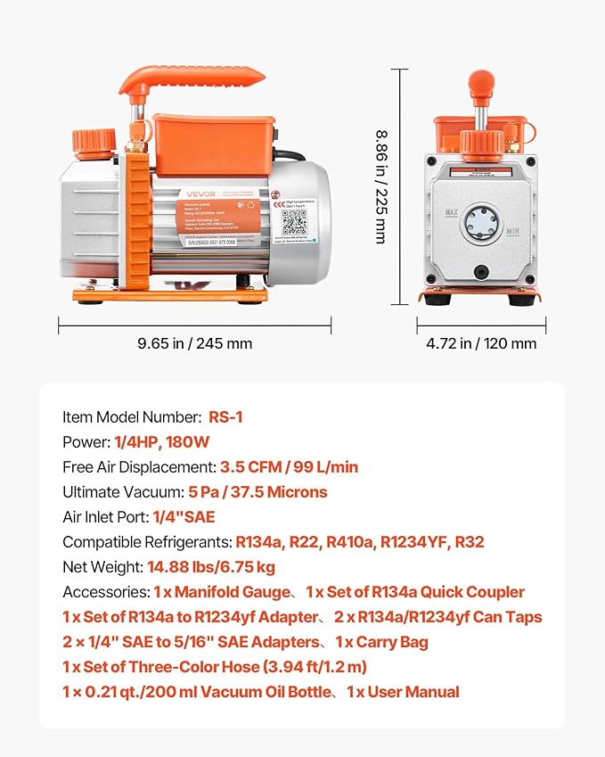 VEVOR AC Vacuum Pump and Gauge Set, 3.5 CFM 1/4 HP, Single Stage Rotary Vane HVAC Vacuum Pump, A/C Manifold Gauge Kit, for R134a R22 R410a R1234YF R32, with Carry Bag, for Auto HVAC Air Conditioning