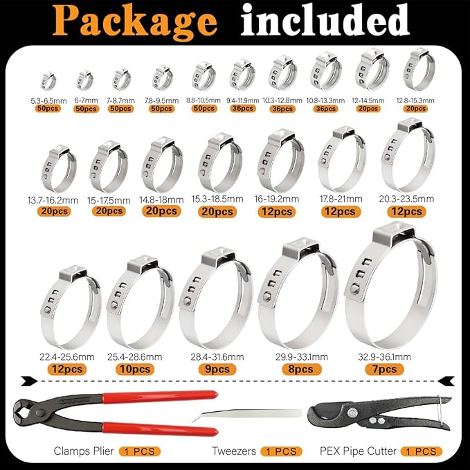 560PCS 22-Sizes Stepless Single Ear Hose Clamp Kit with Pliers & Cutter, 5.3-36.1mm (1/4"-1-3/8") 304 Stainless Steel Anti-Corrosion Clamps for Automotive Fuel Line,CV Boot,HVAC,Radiator & PEX
