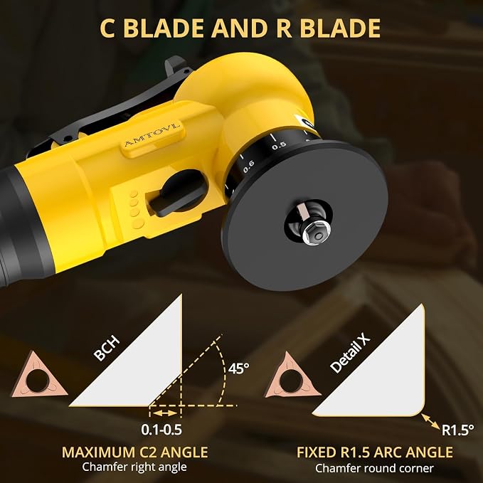 AMTOVL Pneumatic Chamfering Tool - Mini Air Chamfer Tool with 10 C-Angle & 10 R-Angle Blades, 45° 30000 RPM Chamfering Tool for Metal and Wood with 1/4" Air Inlet