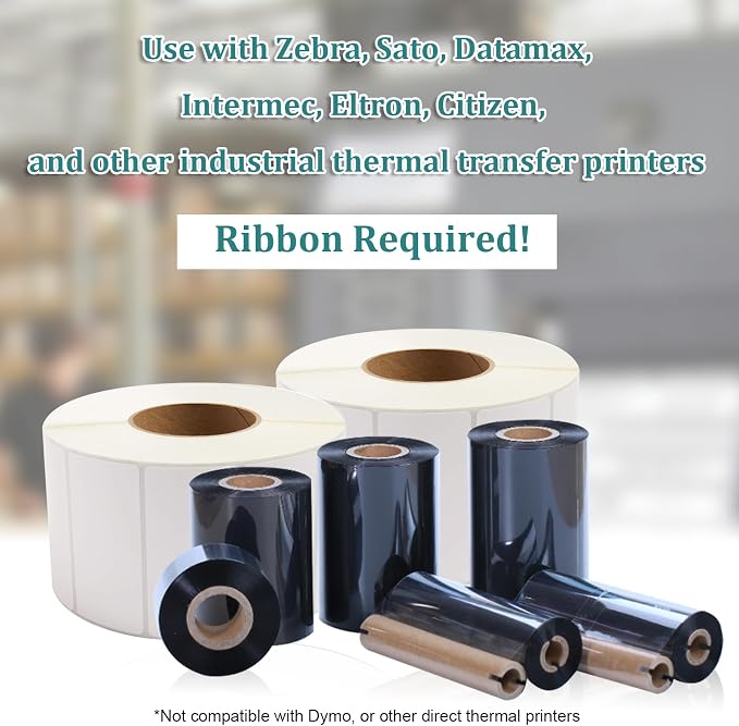 Industrial Thermal Transfer Labels 4x1 for Barcode Shipping, Ribbon Required, 3 Inch Core, 2 Rolls/Case 5100 per Roll, Perforated, Compatible with Thermal Transfer Printers